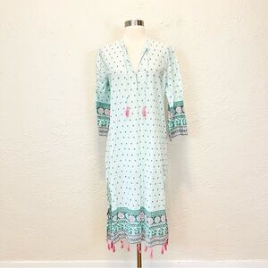 J Crew Kaftan Dress Cover Up Green Mint Pink Tassel Small S